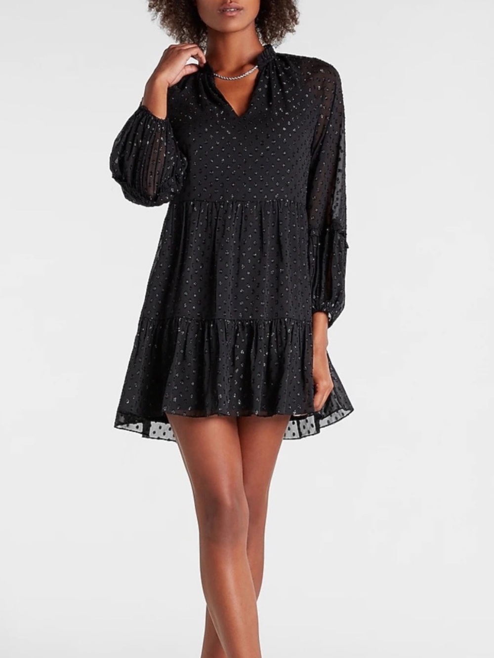 Express Textured Clip Dot Tiered Trapeze Dress in Pitch Black